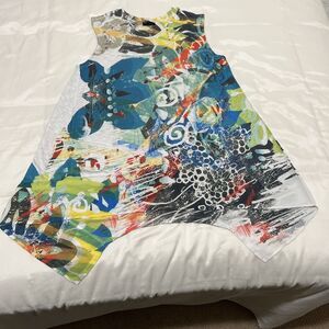Inoah Dress Midi Soft Abstract Graphic Wearable Art L Shark Bite Hem Hi Lo VTG